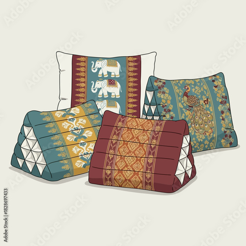 Ornamental scatter cushions featuring thai-inspired patterns and designs