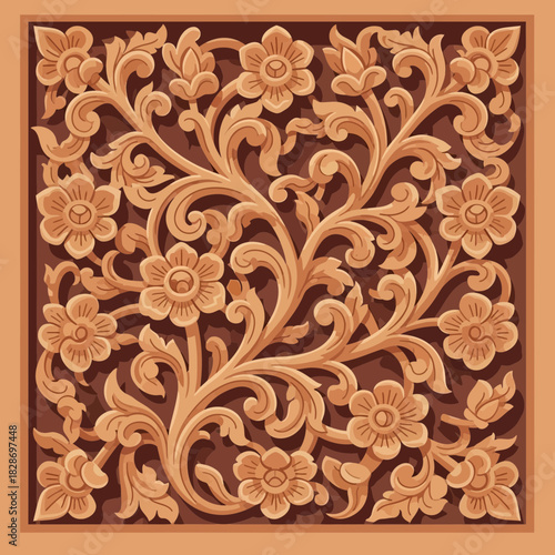 Ornate floral carving square vector, detailed design with brown color palette