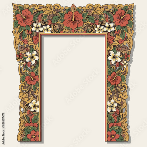 Ornate floral vector frame with hibiscus and frangipani blossoms pattern