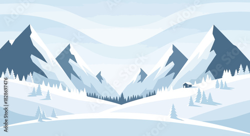 Serene Snowy Landscape with Majestic Mountains and Tranquil Forest Setting