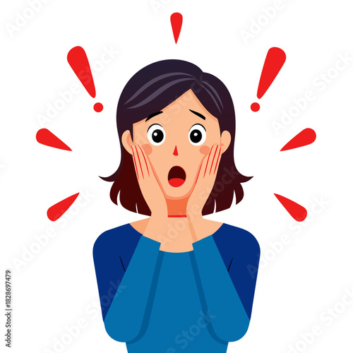 A cartoon illustration of a woman with wide eyes and an open mouth, hands on her cheeks, surrounded by red exclamation marks indicating surprise or shock.