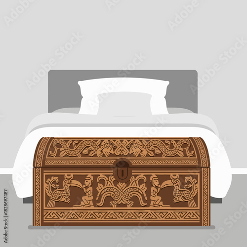 Ornate wooden chest standing before a made bed in a cozy bedroom