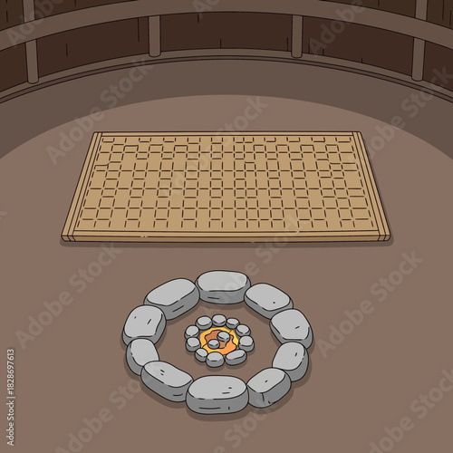 Cozy Gathering Place: Illustration of Campfire with Mat in a Wooden Yurt
