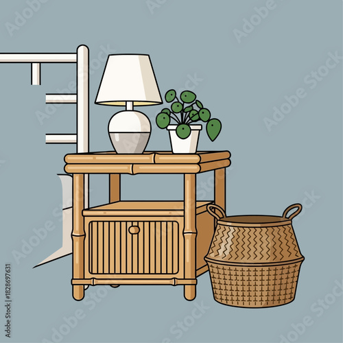Stylish Interior Scene: Rattan Nightstand with Lamp, Plant, and Basket Illustration