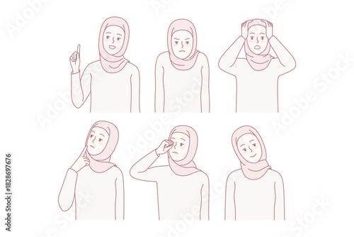 Set of young woman in hijab. Collection of Muslim female in traditional clothes showing different emotions. Vector illustration.
