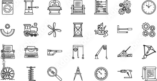 Vintage Machines  Tools: Linear Icon Set of Inventions, Engineering Devices  Science Equipment