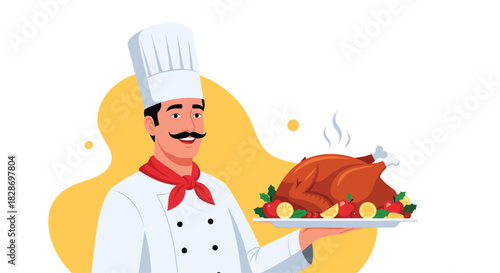 Friendly chef in a white uniform and hat proudly presents a perfectly roasted Thanksgiving turkey.