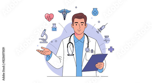 Medical professional analyzing health data with scientific symbols and