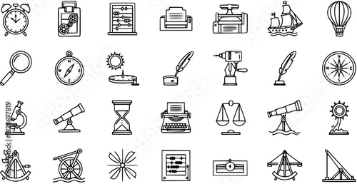 Line Art Icons Collection: Vintage Scientific Instruments and Tools Illustration