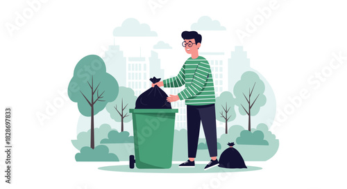 Young man in a striped shirt takes out the trash by putting a garbage bag into a green dumpster.