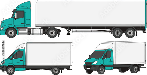 Cargo delivery trucks illustration set, commercial transport vehicles, freight truck lineup, logistics transportation graphics, box truck and trailer designs, vector haulage fleet artwork