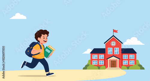 Happy young boy with a backpack and a book is running to school for his first day of classes.