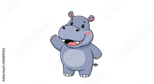 An adorable cartoon hippopotamus is waving hello with a friendly smile and happy expression.