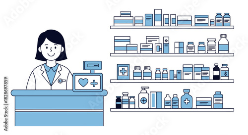illustration of a friendly pharmacist working at a pharmacy counter with