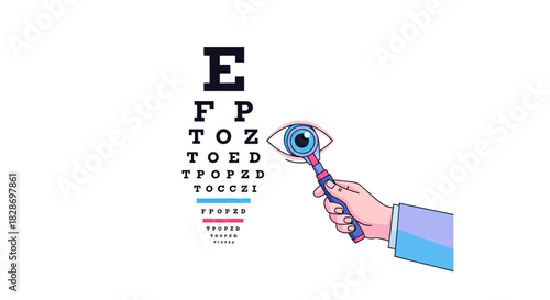 illustration of a hand holding an eye-shaped magnifying glass analyzing an eye