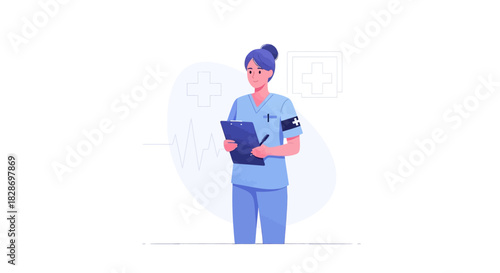 Modern nurse holding digital tablet with health symbols in clinical setting