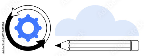Gear surrounded by arrows, cloud, and pencil representing innovation, cloud computing, creativity, remote collaboration, workflow optimization, technology and process management. Ideal for teamwork