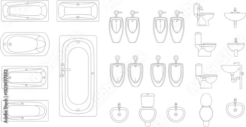 Bathroom fixture CAD symbols collection, plumbing layout vector set with toilet sink urinal bathtub top view drawings for architectural plan design and construction projects