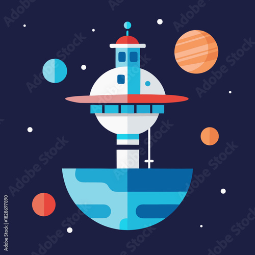 Futuristic space station on alien planet with stars and planets