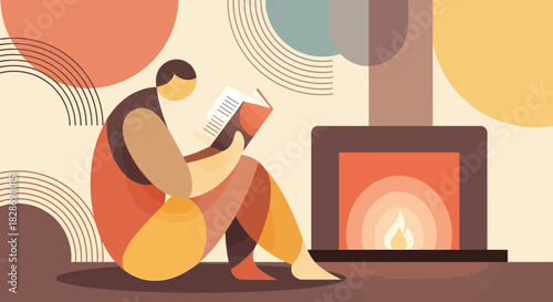 Stylized Illustration of a Person Reading by a Cozy Fireplace Evoking Calm and Relaxation