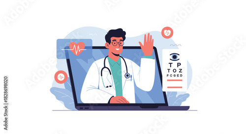 A male doctor provides an online medical consultation to a patient through a laptop video call.