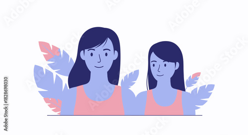 Serene illustration of two women with dark hair surrounded by abstract pastel