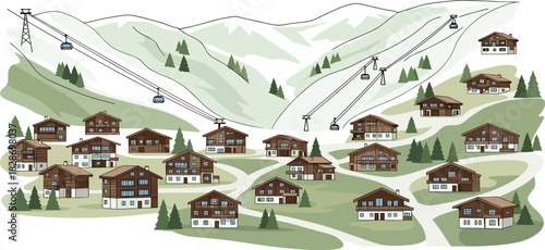 Charming alpine ski village illustration, snowy mountain landscape, cable cars and chalets, winter resort scene, hand-drawn tourism artwork for travel, vacation, nature, adventure themes