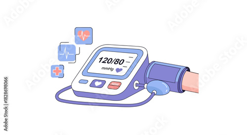 Digital Blood Pressure Monitor Display with Cuff and Health Icons