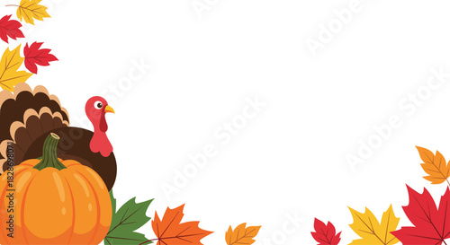 Autumn-themed corner border features a turkey pumpkins and colorful fall leaves for seasonal decoration.