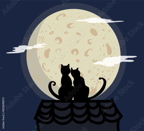 Two cats looking at the moon. Two black cats in the night. Big cratered moon picture.