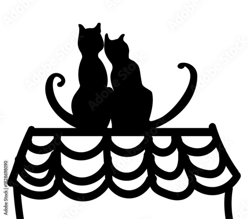 Two black cats on the roof looking straight ahead. Simple black & white image with cats.