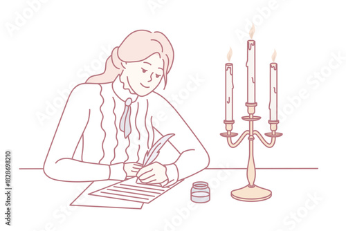 Oldfashioned writing scene, Vintage calligraphy by candlelight, Serene evening setting for artistic writing session, Quintessential scene of calligrapher crafting elegant script under candlelit decor
