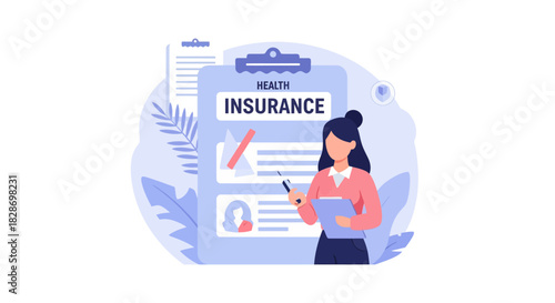 illustration of a woman reviewing health insurance policy on a clipboard and