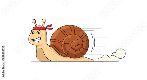 A fast and determined cartoon snail is shown racing with a red bandana and motion lines.