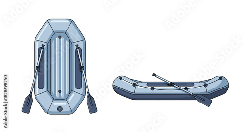 An inflatable rubber boat or raft is shown from two different angles with its oars and seats.