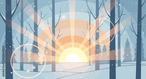 Stylized winter forest illustration with rising sun and gentle snowfall animation creating an