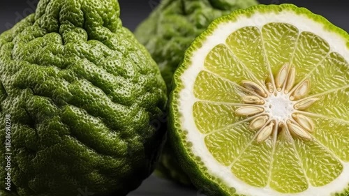 Fresh citrus rotation: vibrant green bergamot macro closeup with detailed texture