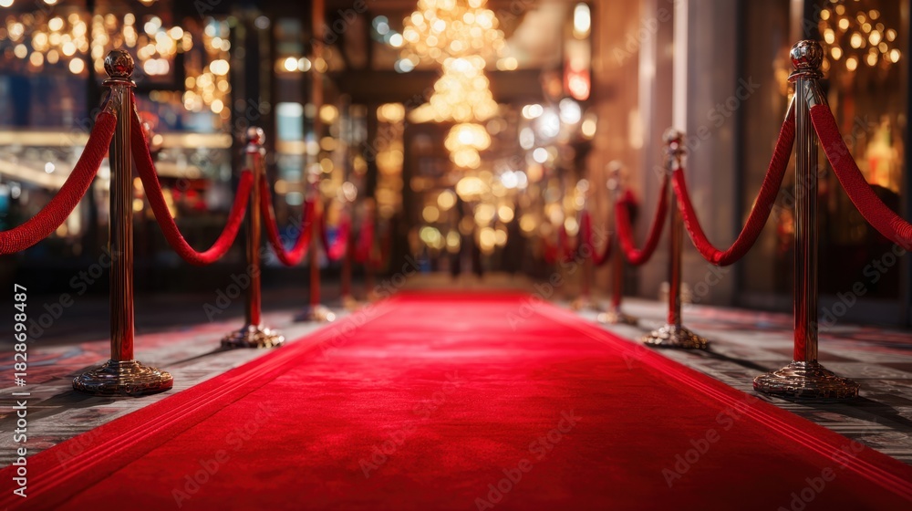 Naklejka premium A luxurious red carpet stretches out lined with velvet ropes guiding guests towards a glamorous entrance. Bright lights twinkle in the background creating an enchanting atmosphere.
