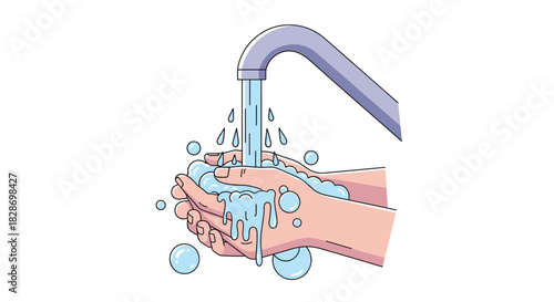 illustration of hand washing with soap and water emphasizing hygiene and