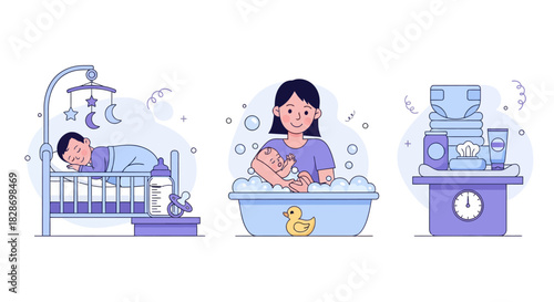 Adorable Baby Care Routine Illustration Depicting Sleep Bath and Laundry Scenes