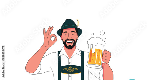 A cheerful man in traditional Bavarian lederhosen enjoys a mug of beer and gives an OK sign.