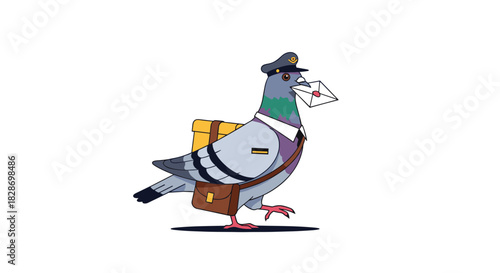 A carrier pigeon with a backpack and a letter is ready to deliver an important message.