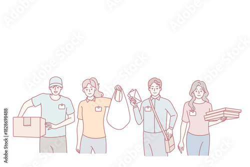 People couriers in uniform standing with delivery packages and parcels. Company employees deliver orders to clients or customer. Shipping and logistics. Vector illustration.