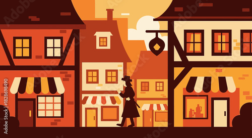 Victorian era street scene with walking figure under warm light vector art illustration