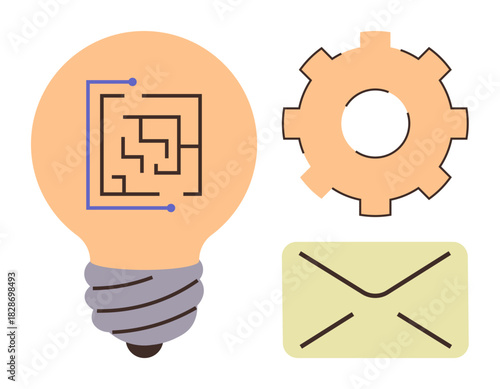 Light bulb with circuit board pattern, gear, and envelope symbolizing ideas, tech, and communication. Ideal for innovation, teamwork, problem-solving, technology collaboration progress