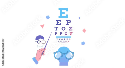 Whimsical eye chart with playful glasses and colorful geometric accents making
