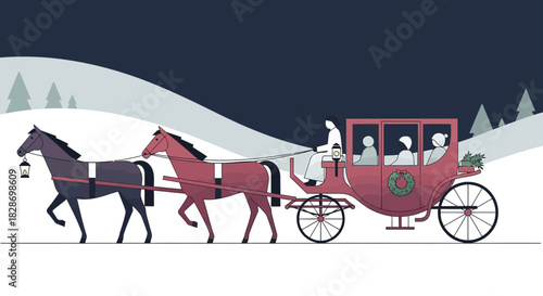 Vintage Winter Holiday Illustration of a Horse-Drawn Carriage Through a Snowy Landscape
