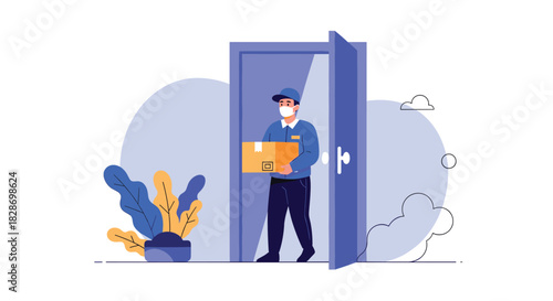 A friendly delivery man wearing a face mask is dropping off a contactless package at a front door.