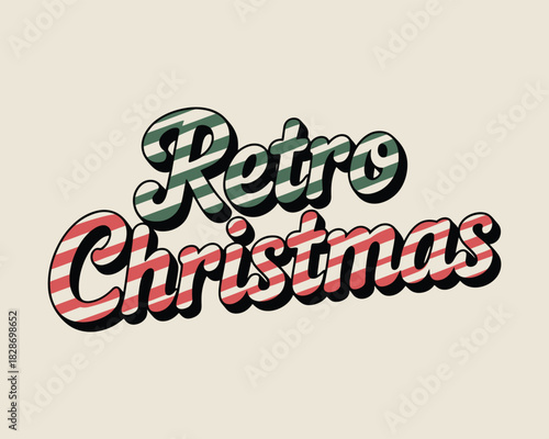 Retro christmas text with red green stripes and black outline