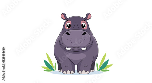 An adorable cartoon hippopotamus character is shown from the chest up with a happy expression.